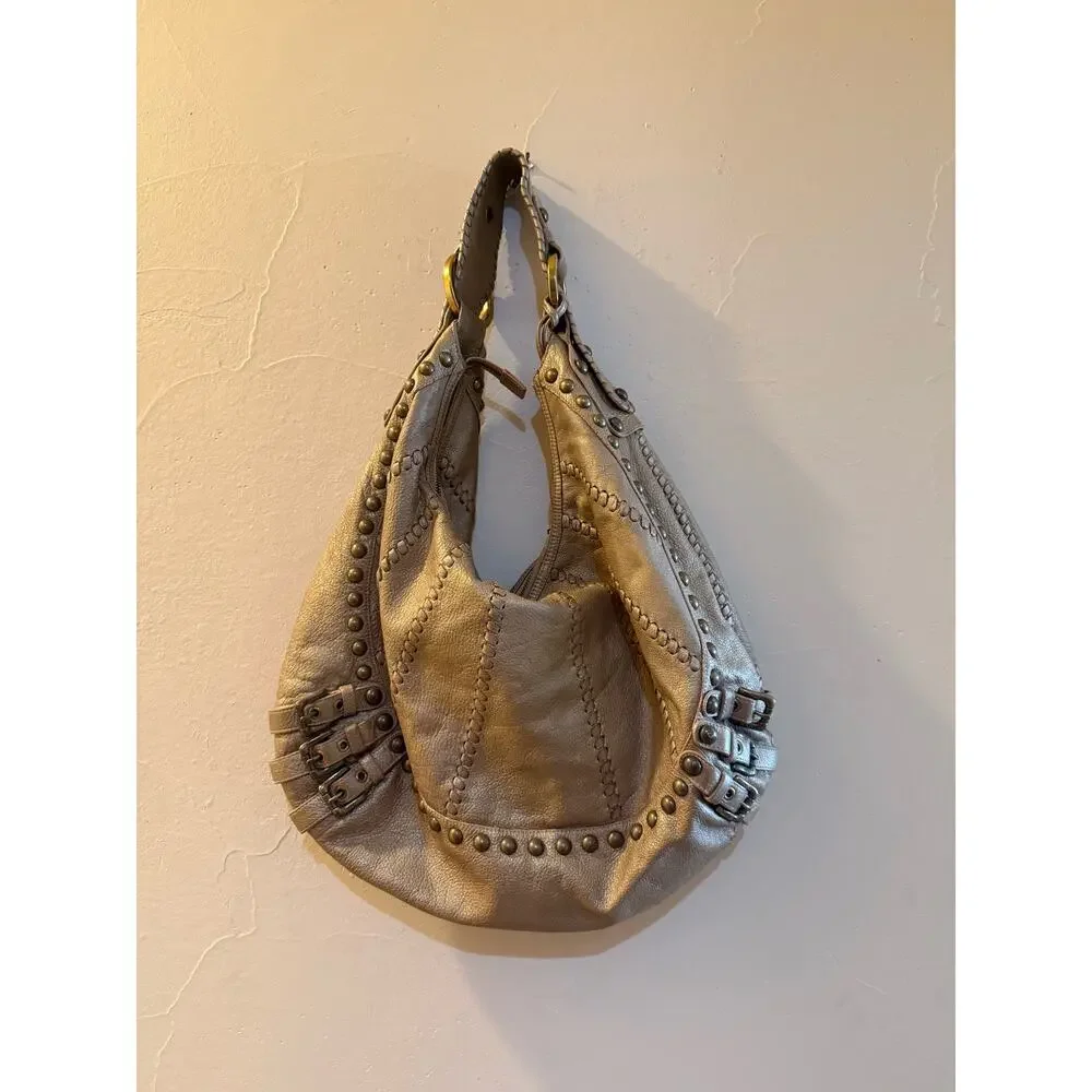 Vintage Isabella Fiore XL Bronze-Gold Studs and Buckles Leather Hobo Bag